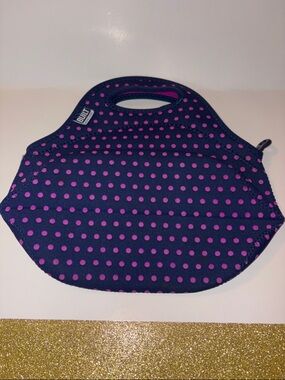 Built Neoprene Lunch Bag Navy Tote with Pink Polka Dots